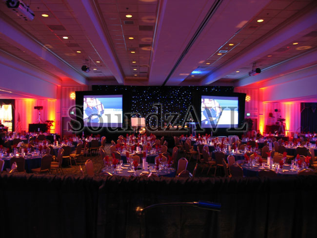 Corporate Awards Banquet, Fiber Optic Curtain, 2 - 15' Diag. Video Screens, Real Time onsite video, Followspots